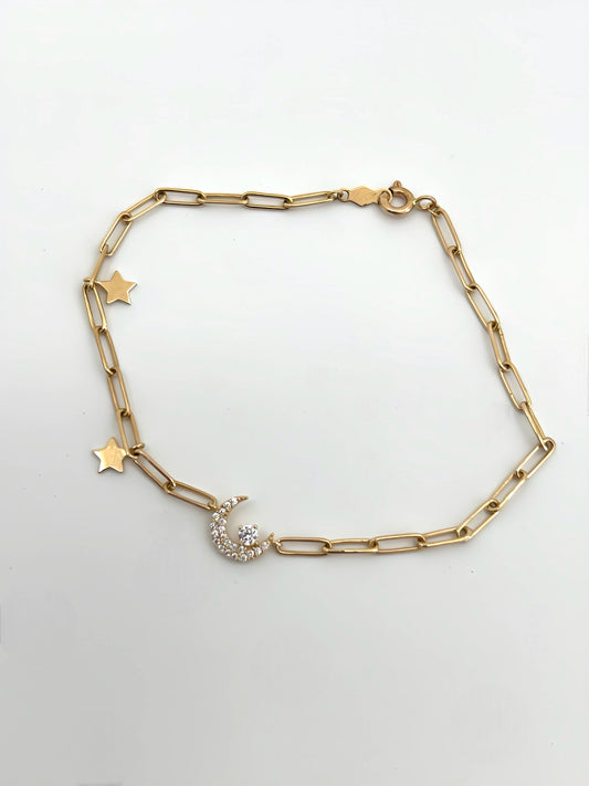 Large open link bracelet w/ zirconia moon